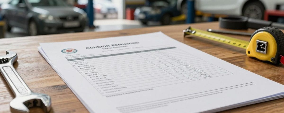 Collision repair estimate document on a workbench with tools, including a wrench and tape measure, in a vehicle repair shop setting.