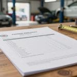 Collision repair estimate document on a workbench in an auto body shop, with vehicles in the background, emphasizing professional evaluations for accurate repair assessments in San Antonio.