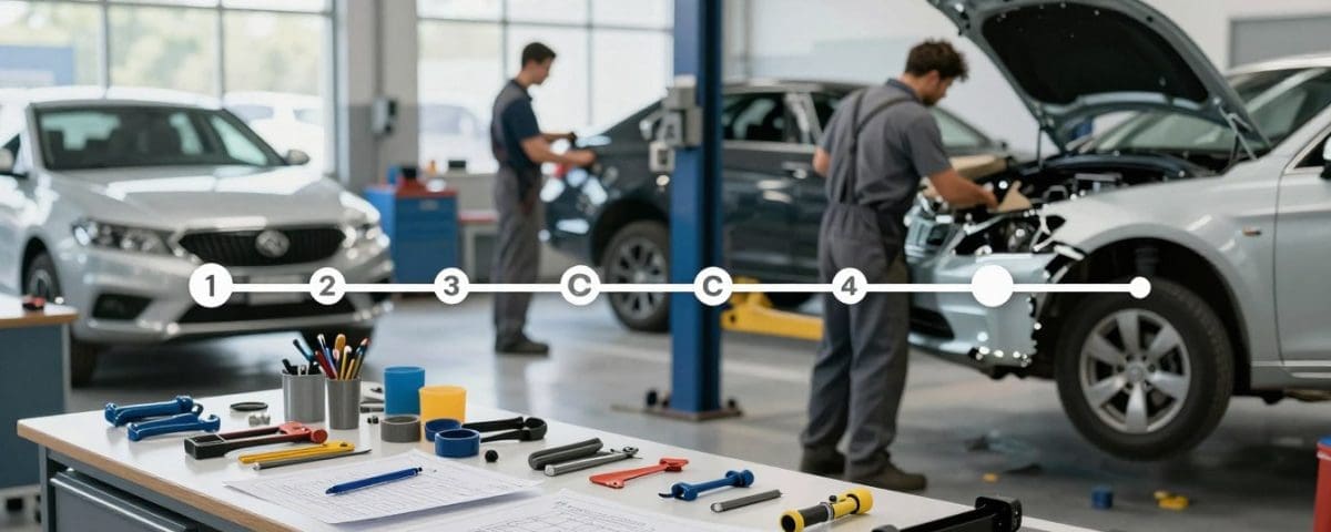 Auto body repair shop interior with technicians working on vehicles, tools and materials on a table, highlighting collision repair services at Miracle Body and Paint.