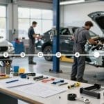 Auto body technicians working on vehicles in a collision repair shop, highlighting the repair process and quality service at Miracle Body and Paint in San Antonio.