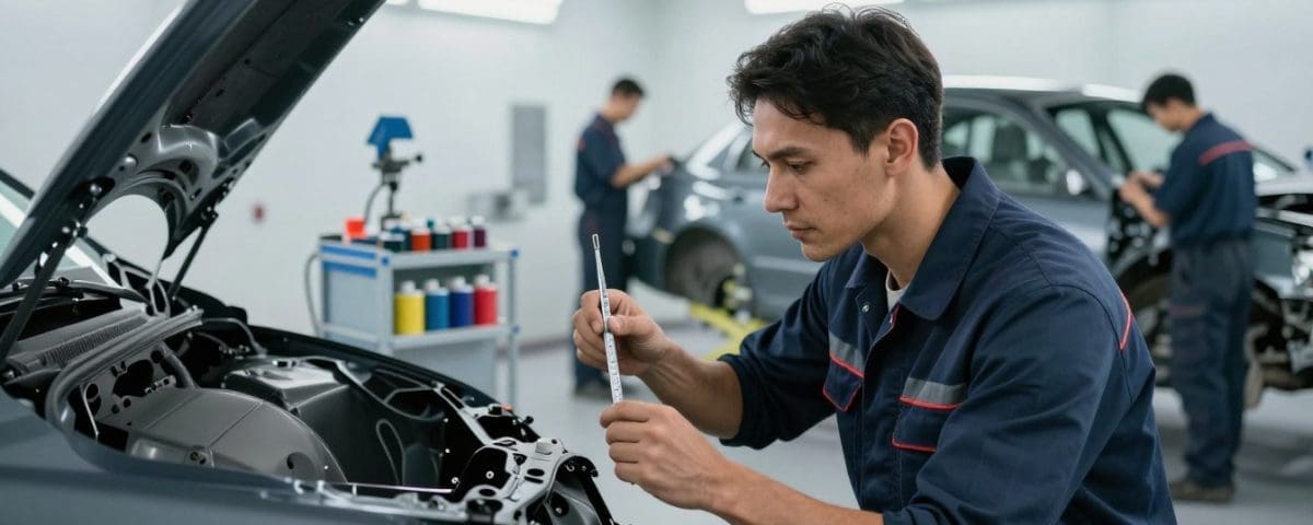 Mechanic inspecting vehicle engine components in auto body repair shop, emphasizing collision repair process at Miracle Body and Paint in San Antonio, Texas.