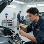 Auto body technician working on vehicle engine repairs in a collision repair shop, emphasizing skilled craftsmanship and attention to detail in vehicle restoration.
