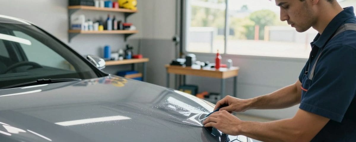 Auto body technician applying protective film to a car hood in a collision repair shop, surrounded by tools and supplies, emphasizing vehicle maintenance and protection.