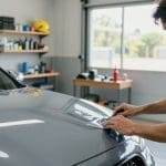 Person applying protective film on a gray car hood in an auto body shop, emphasizing vehicle safety and collision repair.