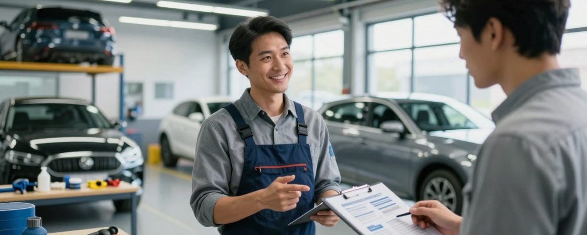 Auto body shop employees discussing repair services and deductible assistance in a modern workshop with vehicles in the background.