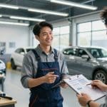Auto body shop technician discussing repair options with a customer, emphasizing vehicle safety and ADAS calibration after collision.