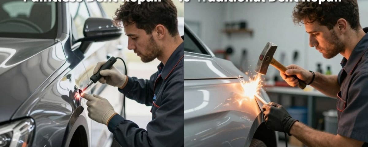 Dent repair comparison: technician performing paintless dent repair on the left and traditional dent repair with hammer and sparks on the right, showcasing Miracle Body and Paint services.