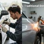 Image comparing paintless dent repair and traditional dent repair techniques, featuring a technician working on a car's dent with specialized tools on the left and another technician welding on a vehicle's body on the right, highlighting different repair methods.