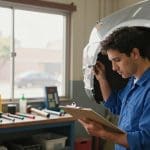 Auto body technician inspecting vehicle damage and taking notes in a repair shop, emphasizing quality and safety in collision repair at Miracle Body and Paint in San Antonio.
