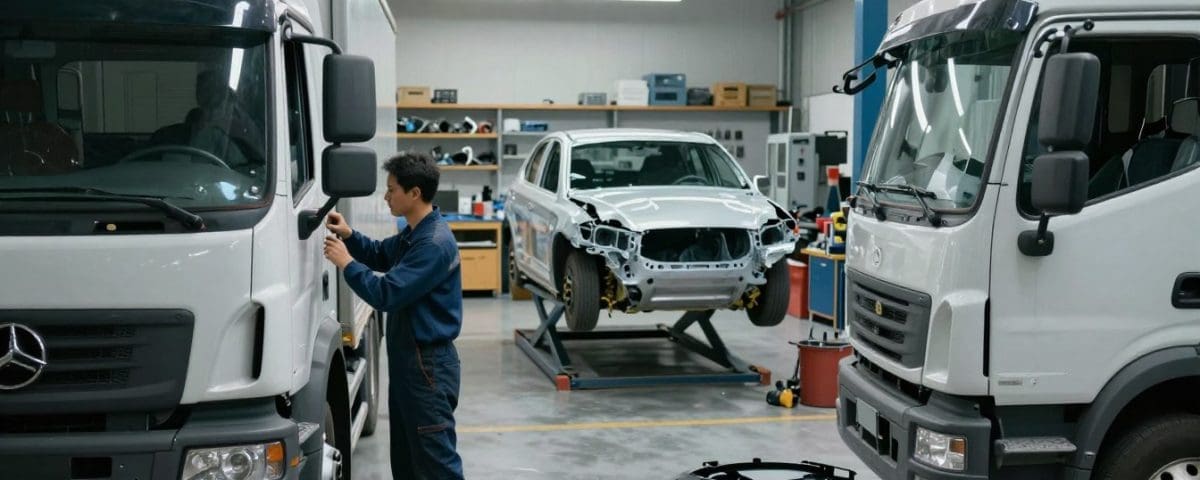 Mechanic working on a commercial truck in a collision repair shop with a partially disassembled vehicle in the background, emphasizing fleet collision repair services offered by Miracle Body and Paint in San Antonio.