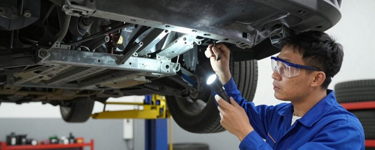 Mechanic inspecting vehicle frame undercarriage with flashlight, emphasizing frame repair and vehicle safety at Miracle Body and Paint in San Antonio.