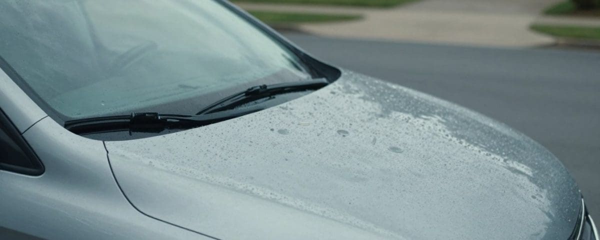 Silver car hood showing hail damage and raindrops, illustrating the impact of severe weather on vehicles, relevant to hail damage repair services in San Antonio.