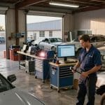 Auto body technician working in a collision repair shop in San Antonio, with diagnostic equipment and vehicles in the background, emphasizing quality auto repairs and customer service.