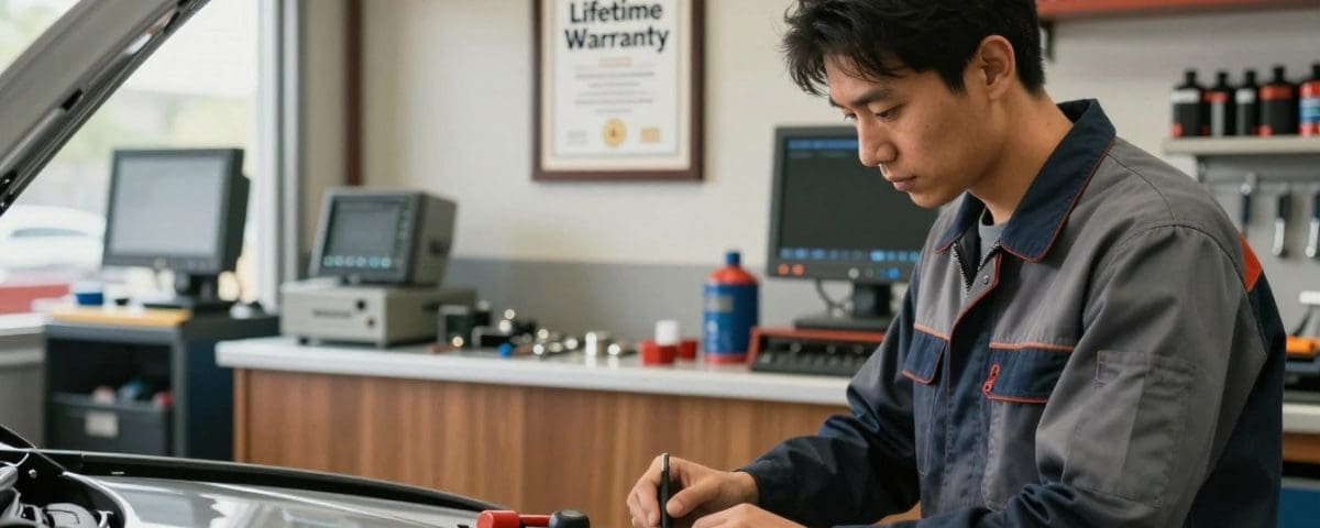 Auto technician working on a vehicle in an auto repair shop, with a "Lifetime Warranty" certificate displayed in the background, emphasizing quality service and customer assurance at Miracle Body and Paint.
