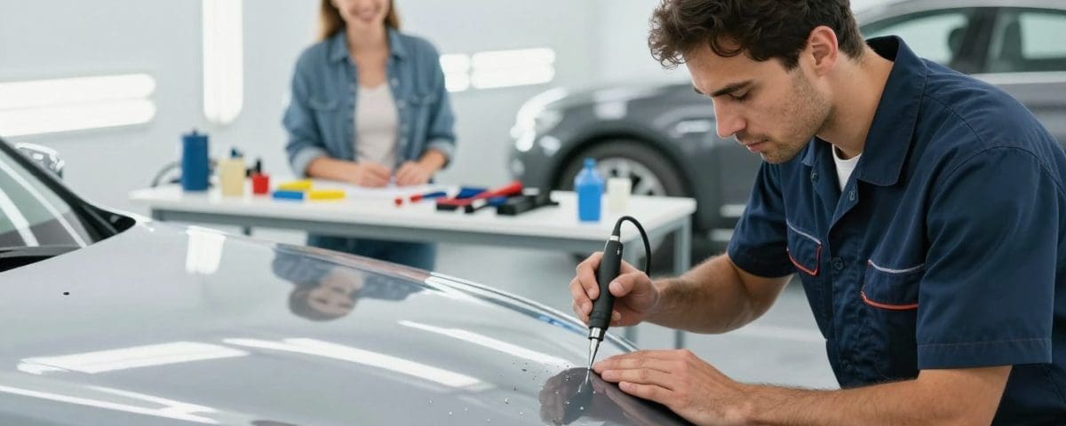 Technician performing paintless dent repair on a vehicle's hood in an auto body shop, with a woman working at a table in the background, showcasing the PDR process at Miracle Body and Paint in San Antonio.