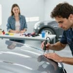 Technician performing paintless dent repair on a car hood with a woman observing in an auto body shop, highlighting quality service and customer satisfaction at Miracle Body and Paint.