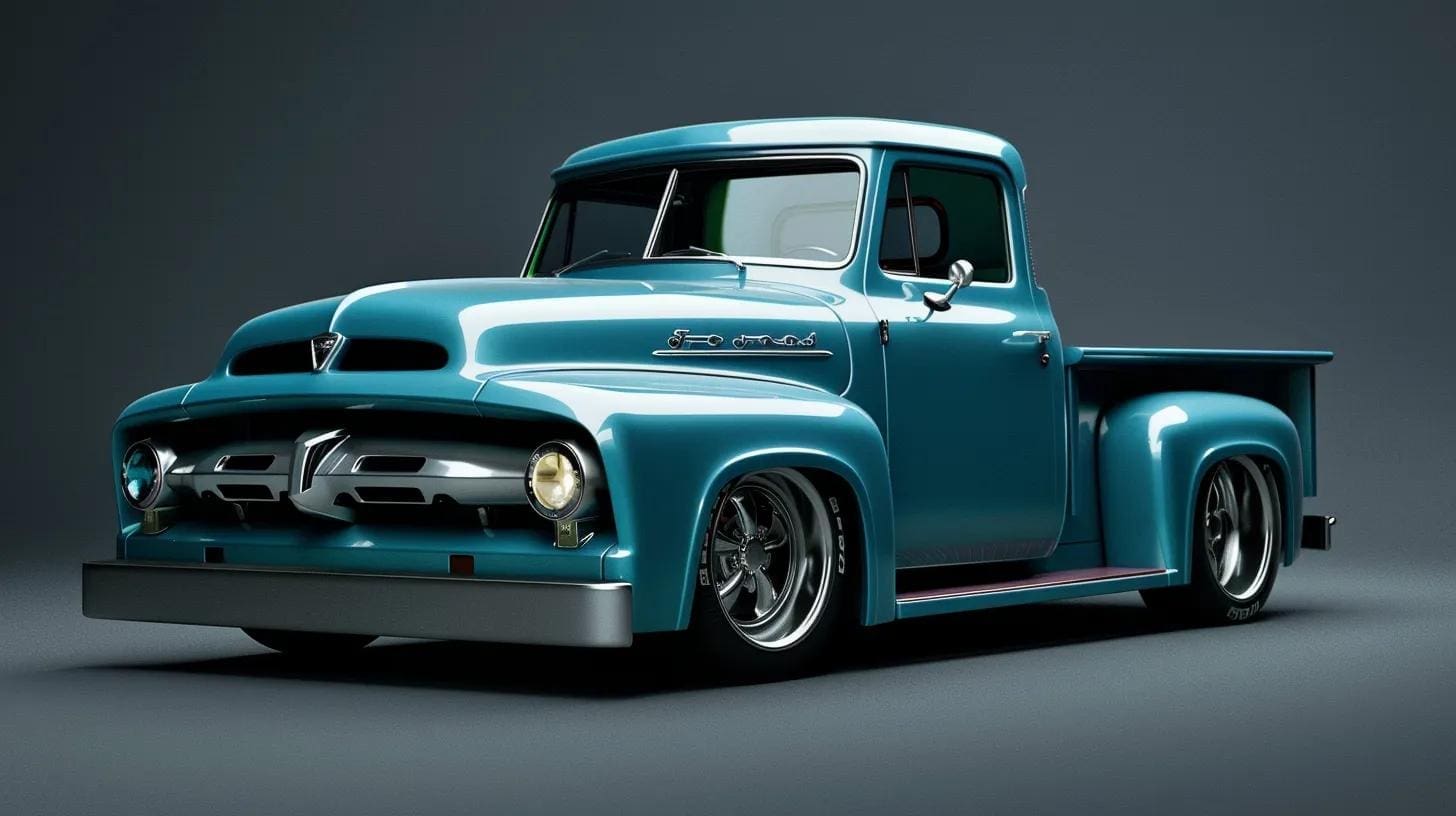 Classic turquoise pickup truck with custom wheels, showcasing a polished finish, emphasizing professional auto painting and color matching services by Miracle Body and Paint.