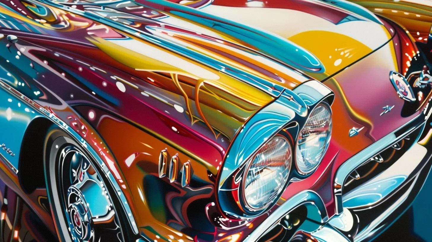 Colorful metallic automotive paint finish on a classic car, showcasing advanced color matching technology and intricate details, relevant to auto painting services and quality assurance at Miracle Body and Paint.