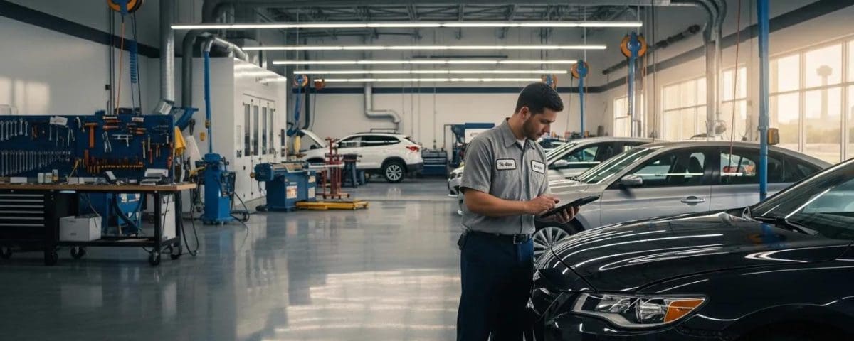 Auto body technician inspecting vehicle in modern repair shop with tools and cars in background.
