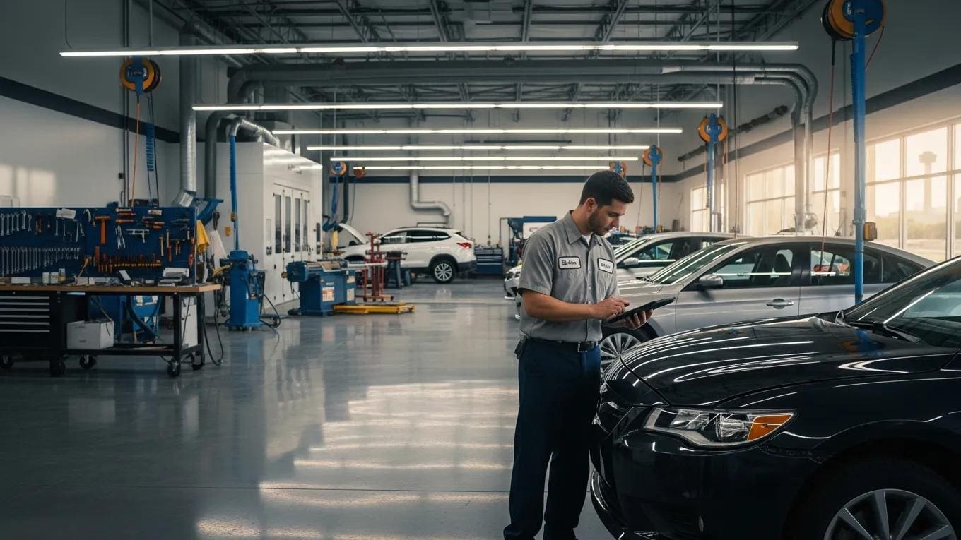 Auto body technician inspecting vehicle with tablet in modern collision repair shop, tools and cars visible in background, highlighting professional service environment in San Antonio.