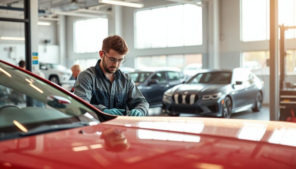 A bright, clean auto body repair shop in San Antonio, showcasing a skilled technician meticulously working on a car in the foreground. The technician, dressed in professional work attire, is focused on sanding a vehicle's surface, surrounded by tools and equipment that highlight the repair process. In the middle ground, other vehicles await service, emphasizing a busy yet organized atmosphere. In the background, large windows let in natural light, illuminating the space and creating a welcoming environment. The scene captures a sense of professionalism and trust, reflecting the quality of service one would seek when looking for "auto body repair near me." The overall mood is optimistic and industrious, with soft, warm lighting enhancing the inviting ambiance.