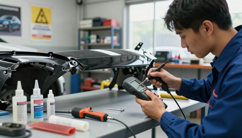 A close-up image showcasing essential bumper damage repair strategies in a well-lit auto repair shop. In the foreground, a technician in a professional uniform diligently inspects a damaged car bumper, using a diagnostic tool. The middle ground features various tools and materials for bumper repair, including adhesive compounds, plastic welding tools, and sanding equipment arranged neatly on a workbench. The background reveals a cluttered but organized garage environment, with safety posters and automotive parts visible on shelves. Natural light filters in through windows, creating a focused yet inviting atmosphere. The mood conveys professionalism and expertise, highlighting the systematic approach to auto body repair. The composition should be captured from a slightly elevated angle, emphasizing the collaborative nature of the repair process.
