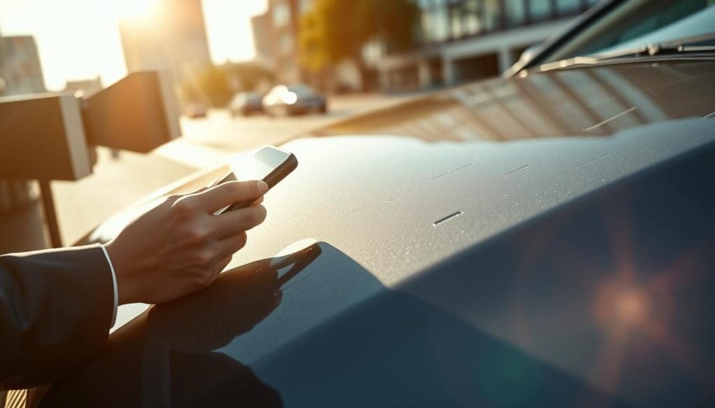 A close-up view of a car hood in direct sunlight, showcasing early scratches with focus on the textures and reflections of the paint. In the foreground, a person in professional business attire is inspecting the scratches, using a phone flashlight to highlight the imperfections. The middle ground features a sleek, shiny car, reflecting the warm light of a San Antonio afternoon. The background consists of a blurred cityscape, giving a sense of location while maintaining focus on the car. The image conveys a meticulous mood, emphasizing thorough inspection and care. Soft shadows enhance the depth of the scene, with a slight lens flare from the sun, adding warmth and realism to the composition. A close-up view of a car hood in direct sunlight, showcasing early scratches with focus on the textures and reflections of the paint. In the foreground, a person in professional business attire is inspecting the scratches, using a phone flashlight to highlight the imperfections. The middle ground features a sleek, shiny car, reflecting the warm light of a San Antonio afternoon. The background consists of a blurred cityscape, giving a sense of location while maintaining focus on the car. The image conveys a meticulous mood, emphasizing thorough inspection and care. Soft shadows enhance the depth of the scene, with a slight lens flare from the sun, adding warmth and realism to the composition.