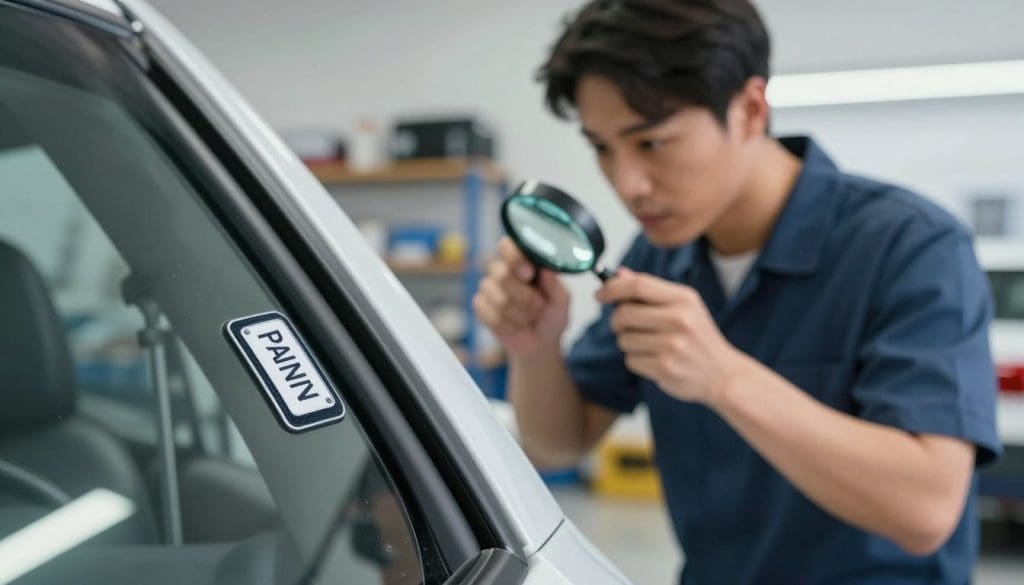 A close-up view of a car's paint code location, highlighting the specific area where paint codes are typically found, such as inside the driver’s side door jamb. The foreground features a clear, detailed shot of a paint code label with a shiny, reflective finish and subtle textures. In the middle ground, a professional technician in smart casual attire examines the label, using a magnifying glass for emphasis, creating a sense of inquiry. The background is softly blurred, showcasing a clean, well-lit auto shop with various car parts and tools, evoking a professional atmosphere. The lighting should be bright and inviting, resembling daylight in a workshop setting, with a depth-of-field effect to focus on the paint code label and technician, ensuring a clear focal point. A close-up view of a car's paint code location, highlighting the specific area where paint codes are typically found, such as inside the driver’s side door jamb. The foreground features a clear, detailed shot of a paint code label with a shiny, reflective finish and subtle textures. In the middle ground, a professional technician in smart casual attire examines the label, using a magnifying glass for emphasis, creating a sense of inquiry. The background is softly blurred, showcasing a clean, well-lit auto shop with various car parts and tools, evoking a professional atmosphere. The lighting should be bright and inviting, resembling daylight in a workshop setting, with a depth-of-field effect to focus on the paint code label and technician, ensuring a clear focal point.