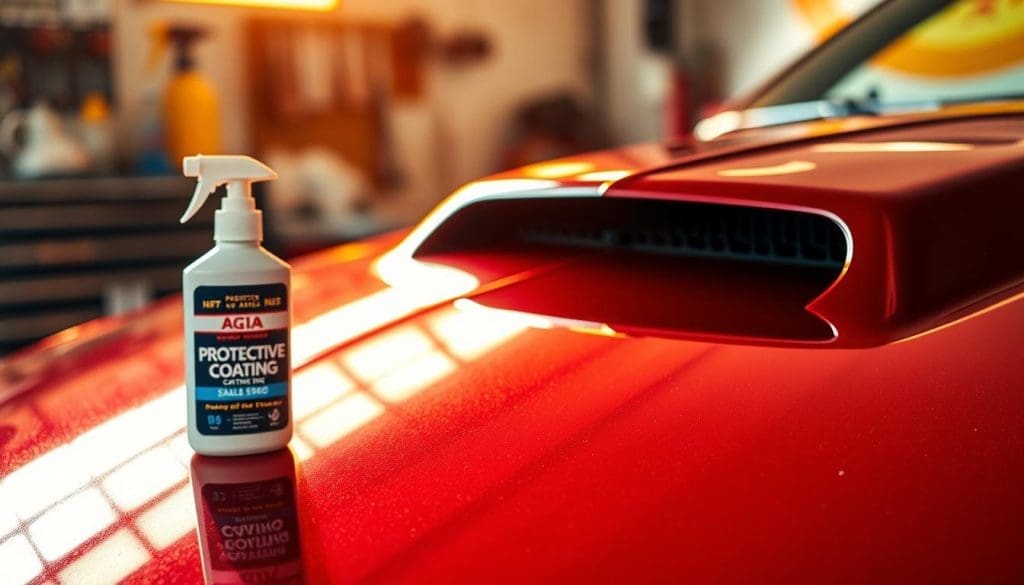 A close-up view of a glossy, well-maintained vehicle hood, reflecting a vibrant sunset, showcasing its protective coating that glistens under natural light. In the foreground, a bottle of vehicle protective coating is artistically placed, hinting at its use. In the middle ground, subtle detailing highlights the texture of the coating, demonstrating its smooth surface and durability. The background features a blurred garage setting with tools and car care products, enhancing the theme of vehicle maintenance. The overall atmosphere exudes professionalism and care, suggesting an effective preventive measure against rust damage. Use soft, warm lighting to create an inviting ambiance, with a slight vignette to focus the viewer's attention on the vehicle's protective qualities. A close-up view of a glossy, well-maintained vehicle hood, reflecting a vibrant sunset, showcasing its protective coating that glistens under natural light. In the foreground, a bottle of vehicle protective coating is artistically placed, hinting at its use. In the middle ground, subtle detailing highlights the texture of the coating, demonstrating its smooth surface and durability. The background features a blurred garage setting with tools and car care products, enhancing the theme of vehicle maintenance. The overall atmosphere exudes professionalism and care, suggesting an effective preventive measure against rust damage. Use soft, warm lighting to create an inviting ambiance, with a slight vignette to focus the viewer's attention on the vehicle's protective qualities.