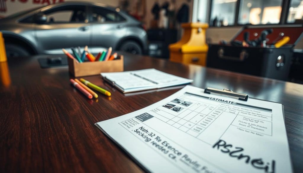 A detailed auto body repair estimate displayed prominently on a sleek, polished wooden desk. In the foreground, the estimate sheet features clear sections outlining parts, labor, and costs, with detailed descriptions of repairs needed, including images of vehicle damage. The middle ground includes a well-organized clipboard and a set of colored pens, while a toolbox with various tools subtly sits to one side. In the background, soft lighting casts a warm glow, illuminating the professional setting of an auto body shop. The atmosphere is focused and meticulous, conveying the importance of clarity and detail in the repair estimate process. Captured from a slightly elevated angle to showcase all elements effectively, the image evokes a sense of professionalism and trust.