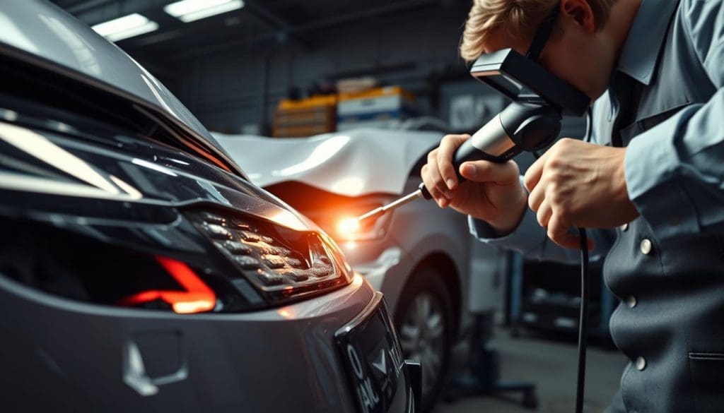 A detailed close-up view of a vehicle’s Advanced Driver Assistance System (ADAS) sensor panel, showing visible signs of impact damage from a collision. In the foreground, a technician in professional attire is carefully inspecting the sensor with specialized calibration equipment, highlighting the precision needed for accurate functionality. The middle ground features the crumpled front of a car, with the contrast of the damaged exterior against the sleek design of the sensor panel. In the background, a dimly lit workshop filled with tools and calibration devices underscores the technical atmosphere. The lighting is focused on the sensor, creating a serious and urgent mood, emphasizing the importance of proper ADAS calibration after an accident.