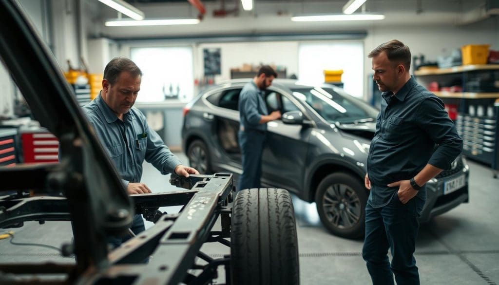 A detailed comparison image showcasing frame repair and body repair for vehicles after a collision. In the foreground, a mechanic in a professional shirt examines a damaged vehicle frame, highlighting the structural issues; the frame appears bent and misaligned. In the middle ground, a separate vehicle awaits body repair, featuring scratches and dents on the outer panel, being assessed by another technician dressed casually yet neatly. The background features a well-lit garage setting with tools and equipment organized neatly on shelves. The mood is focused and professional, suggesting expertise and precision in automotive repair. Soft, diffused lighting enhances visibility without harsh shadows, and a slight depth of field blurs the background, directing attention to the mechanics at work.