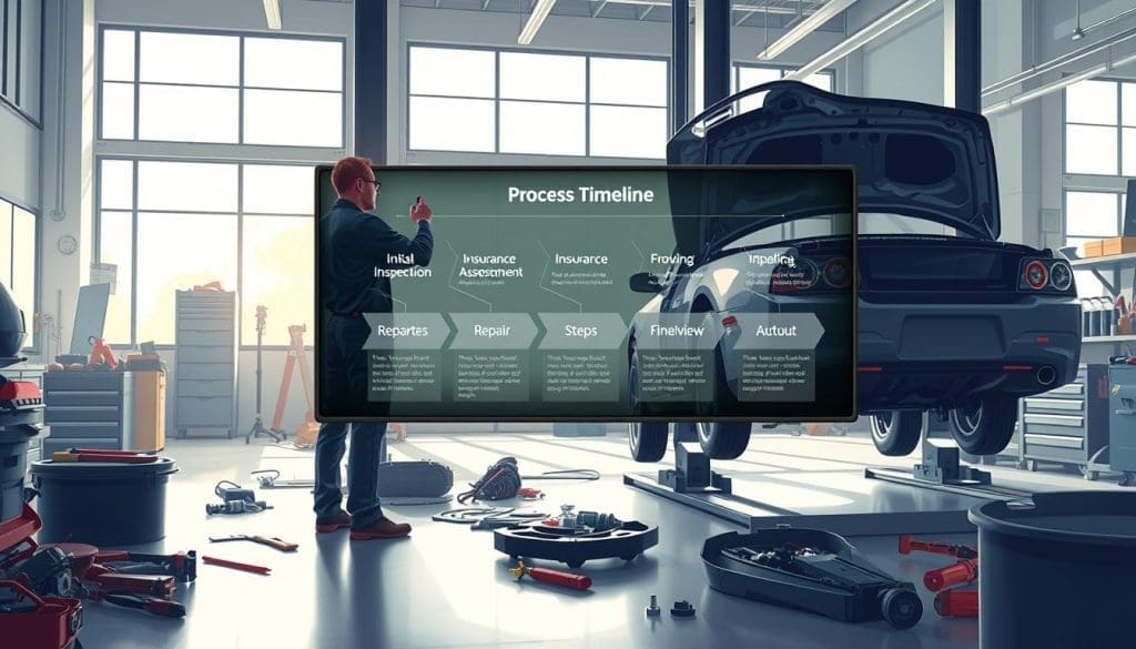 A detailed illustration of the auto repair process timeline, set in a modern San Antonio auto shop. In the foreground, a mechanic in professional attire examines a car on a lift, tools and parts scattered nearby, emphasizing the hands-on work. The middle ground features a timeline chart displayed on a digital screen, showing key stages like 'Initial Inspection,' 'Insurance Assessment,' 'Repair Steps,' and 'Final Review.' In the background, large windows let in soft natural light, illuminating the clean, organized workspace filled with tools and equipment. The atmosphere is focused and industrious, reflecting a sense of professionalism and precision in auto repair. The image should capture the essence of the step-by-step process, making it visually engaging without any text or distractions.