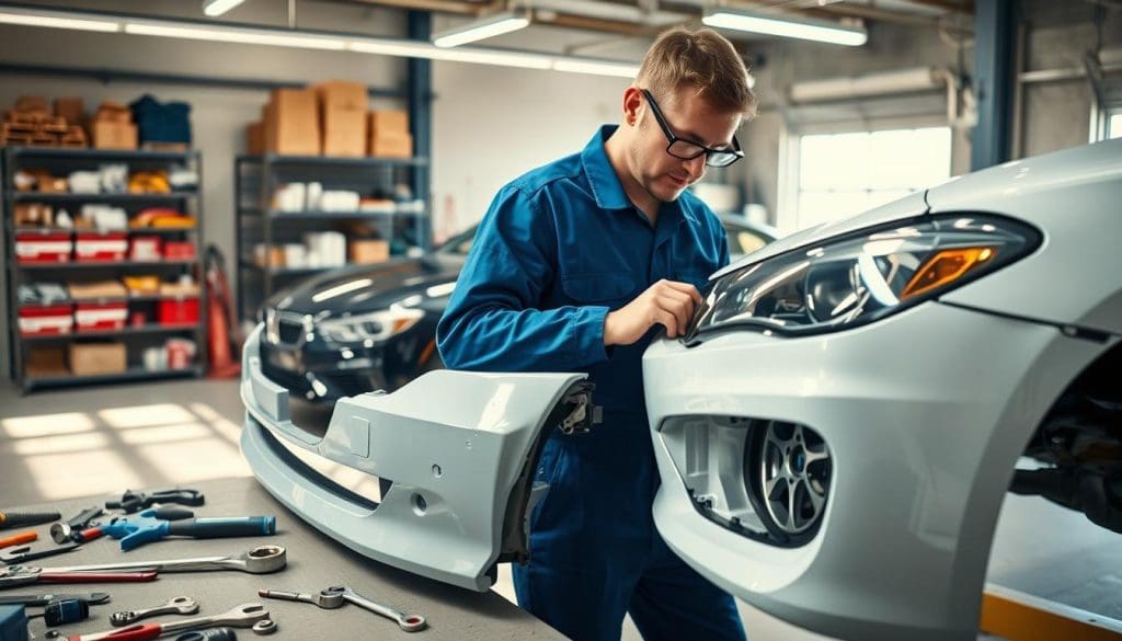 A detailed illustration of the key factors involved in the bumper repair process, focusing on a professional mechanic working in a well-lit auto repair shop. In the foreground, the mechanic, wearing a blue jumpsuit and safety glasses, examines a damaged bumper on a workbench, surrounded by tools like wrenches and adhesive materials. In the middle ground, a sleek car with a partially removed bumper reveals various stages of repair, including alignment and paint preparation. The background shows shelves stocked with repair supplies and a bright workshop window letting in natural light, creating a warm, industrious atmosphere. Capture the scene from a slightly elevated angle to emphasize the meticulousness and professionalism of the repair work, evoking a sense of trust and expertise in the repair process.