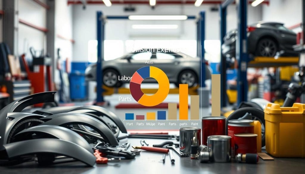 A detailed infographic illustrating collision repair expenses, with a clear breakdown of costs. In the foreground, neatly arranged tools and car parts such as fenders, bumpers, and paint cans, emphasizing the repair process. In the middle, a pie chart and bar graph display various expenses like labor, parts, and paint, with distinct colors to enhance clarity. The background features a clean, well-lit auto repair shop with a car on a lift, highlighting a professional, organized environment. The atmosphere is informative and focused, with bright, even lighting for readability, captured from a slightly elevated angle to provide depth and perspective. The overall mood is professional and educational, tailored for an audience seeking cost transparency in collision repairs.