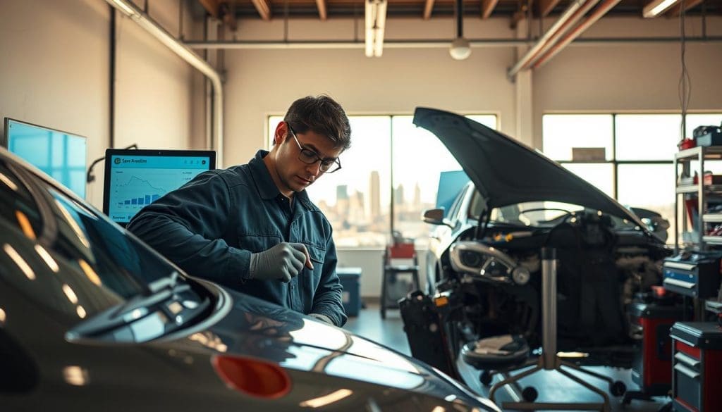 A detailed scene depicting key factors influencing auto body repair costs in a modern San Antonio collision repair shop. In the foreground, show a mechanic in professional attire analyzing the damage on a vehicle with precision tools and a digital screen displaying repair cost estimates. In the middle, illustrate a clean and organized workspace with car parts, tools, and repair materials neatly arranged. In the background, depict a large window revealing the San Antonio skyline, showcasing a clear blue sky and warm sunlight flooding the shop, creating a bright and inviting atmosphere. Use a wide-angle lens to capture the depth of the space, with soft, natural lighting that emphasizes the professionalism of the environment.