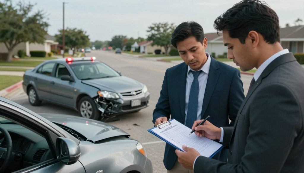 A detailed step-by-step guide on reporting a car accident in Texas. In the foreground, display a diverse group of three individuals in professional attire—two men and one woman—reviewing a checklist on a clipboard beside a damaged vehicle. In the middle ground, depict the aftermath of a minor car collision, with both cars showing slight dents, and emergency flashers activated. The background should feature a suburban street and a clear Texas sky. Use soft, natural lighting to create a calm and focused mood, with a slightly elevated camera angle that captures the scene from above, emphasizing the importance of the checklist and the people’s engaged expressions.