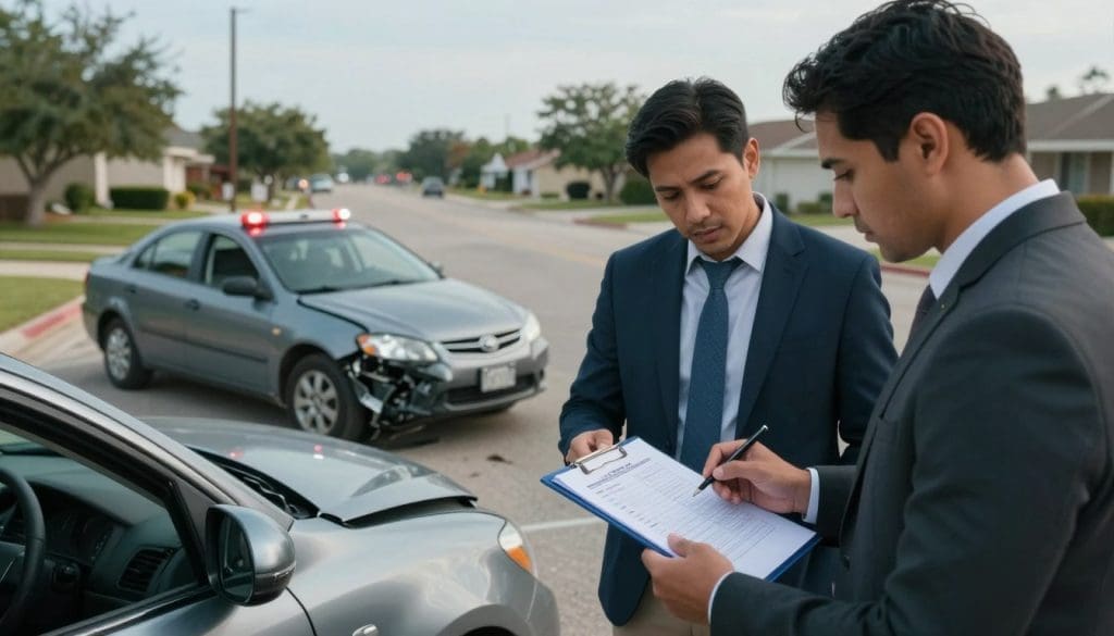 Two men in suits documenting a car accident scene with a damaged vehicle and police lights in the background, emphasizing the importance of accurate reporting and documentation after a crash in Texas.