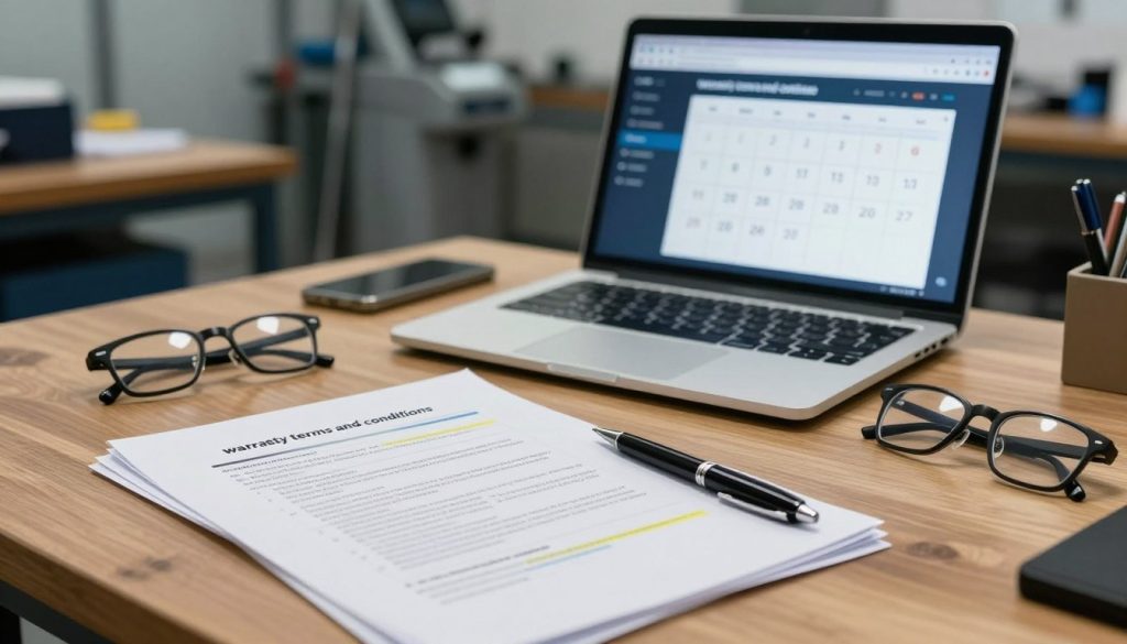A detailed, visually engaging representation of "warranty terms and conditions" on a wooden desk. In the foreground, focus on a neatly arranged stack of documents with highlighted sections, a sleek pen, and a pair of reading glasses. In the middle layer, feature a modern laptop displaying a graphics visualization of warranty specifics alongside a calendar marked with important dates. The background should have a blurred view of an auto body shop, with professional tools and machinery subtly visible, creating a workshop ambiance. Use soft, natural lighting to convey a serious yet approachable mood, and capture the scene from a slightly elevated angle to provide depth and context.