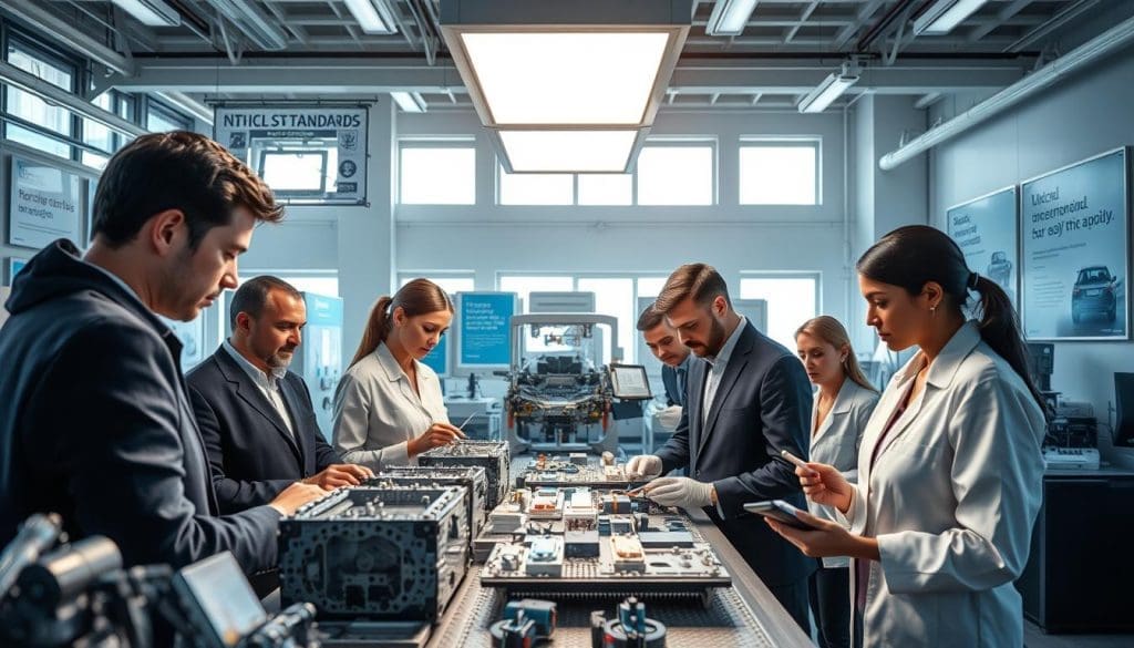 A high-tech materials testing laboratory focused on automotive quality control. In the foreground, a diverse group of professionals in business attire examines sample materials under a bright, white LED light. The middle ground features advanced machinery and testing equipment, showcasing metal and polymer samples being meticulously analyzed for structural integrity and safety compliance. In the background, large windows let in natural light, revealing a modern, clean facility with inspirational posters on factory standards. The atmosphere is one of focus and professionalism, reflecting a commitment to excellence in materials used for vehicle repairs. The image is presented in a high-resolution, wide-angle perspective, emphasizing the importance of quality and safety in automotive manufacturing.