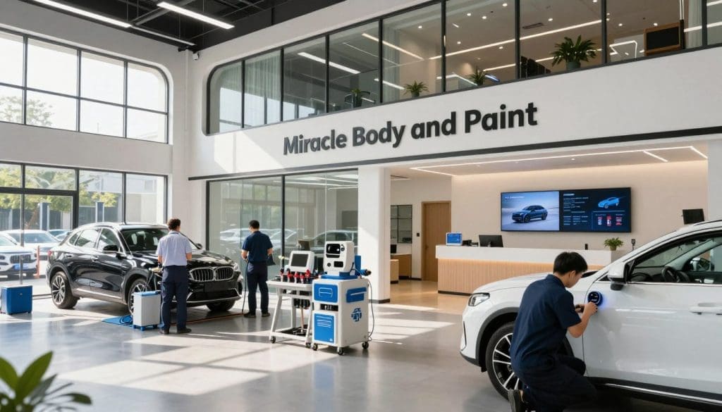 A modern auto body and paint service hub named "Miracle Body and Paint," featuring sleek, rounded architecture and large glass windows reflecting the sunlight. In the foreground, a clean and organized workshop with technicians in professional business attire examining a car equipped with advanced ADAS sensors and cameras. The middle ground displays tools and equipment neatly arranged, emphasizing a focus on safety and precision. The background reveals an inviting reception area with bright, natural lighting and a digital display showcasing ADAS safety insights. The overall atmosphere is professional, welcoming, and innovative, with a focus on advanced technology and customer care, captured with a wide-angle lens to enhance perspective and depth. A modern auto body and paint service hub named "Miracle Body and Paint," featuring sleek, rounded architecture and large glass windows reflecting the sunlight. In the foreground, a clean and organized workshop with technicians in professional business attire examining a car equipped with advanced ADAS sensors and cameras. The middle ground displays tools and equipment neatly arranged, emphasizing a focus on safety and precision. The background reveals an inviting reception area with bright, natural lighting and a digital display showcasing ADAS safety insights. The overall atmosphere is professional, welcoming, and innovative, with a focus on advanced technology and customer care, captured with a wide-angle lens to enhance perspective and depth.