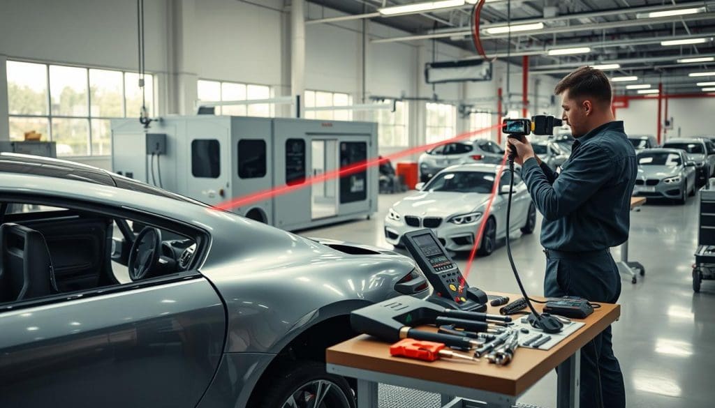 A modern auto body repair facility showcasing advanced technology. In the foreground, a skilled technician in professional attire is using a laser measuring device on a sleek, partially disassembled vehicle, focusing on precision. The middle ground features a state-of-the-art paint booth with automated spray systems and an array of high-tech tools neatly organized on a workbench, emphasizing innovation in collision repair. In the background, large windows let in natural light, illuminating the shop's clean, organized environment filled with various vehicles waiting for repairs. The atmosphere conveys professionalism, efficiency, and cutting-edge technology, with soft, even lighting enhancing the scene's clarity and focus, captured from a slightly elevated angle to provide a comprehensive view of the operation.