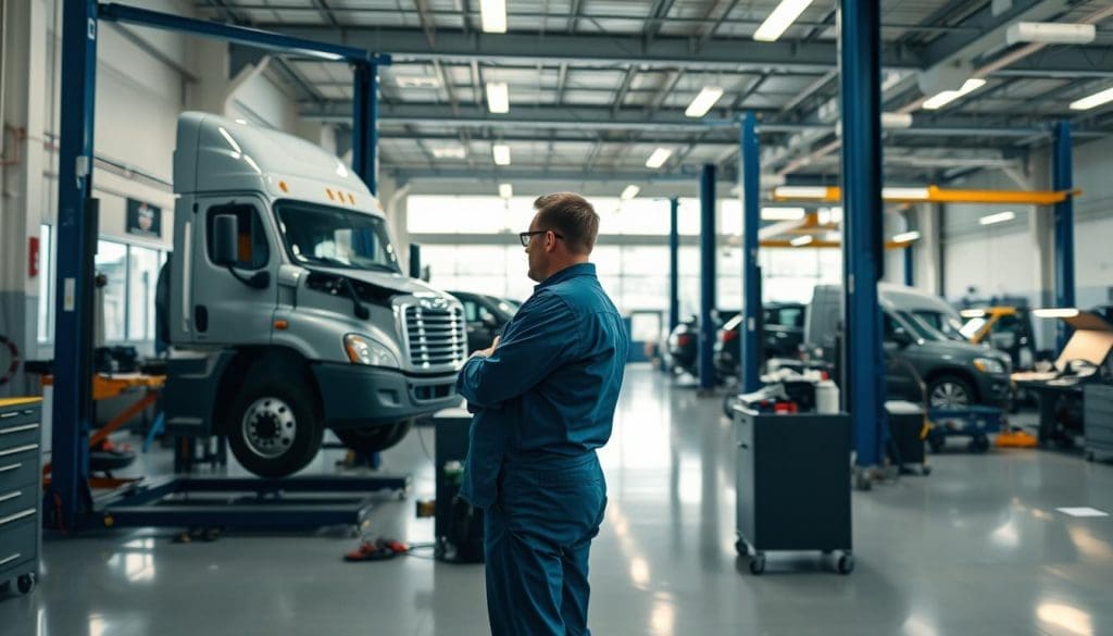 A modern auto repair and maintenance shop, emphasizing professionalism and efficiency. In the foreground, a skilled mechanic in professional attire is diligently examining a fleet vehicle on a hydraulic lift, surrounded by high-tech tools and diagnostic equipment. The middle ground showcases several well-organized workstations, with various vehicles being serviced, highlighting a range of maintenance activities. The background features a clean and brightly lit workshop with large windows, allowing natural light to pour in, enhancing the welcoming atmosphere. The overall mood is focused and reassuring, conveying a sense of reliability in fleet collision repair. Capture the scene with a wide-angle lens, ensuring clarity and depth, showcasing the harmony of technology and skilled craftsmanship.