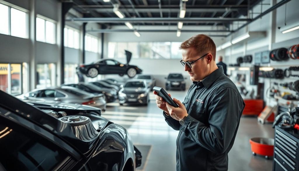 A modern auto repair shop interior, featuring a streamlined vehicle repair process. In the foreground, a skilled mechanic in professional attire is inspecting a recently damaged car with advanced diagnostic tools. In the middle ground, a well-organized workspace showcases tools and equipment neatly arranged, emphasizing efficiency. Background elements include a clean, brightly lit garage with sleek cars in various stages of repair, large windows allowing natural light to flood in, and a wall-mounted display of car parts. The atmosphere is focused and professional, conveying a sense of reliability and expertise in car accident repairs. The angle is from slightly above eye level, offering a comprehensive view of the repair process. Auto repair technician using smartphone in modern auto repair shop, showcasing streamlined vehicle repair process with multiple cars in background.
