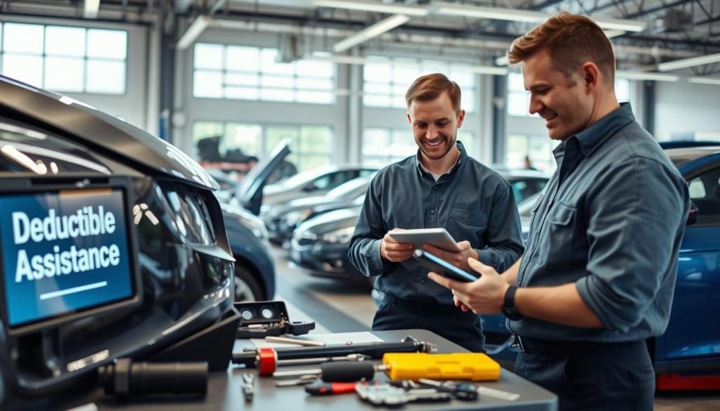 A modern auto repair shop interior, focused on an attentive mechanic in professional attire examining a car's damaged front bumper. In the foreground, tools and parts are neatly arranged on a workbench, with a visible digital screen displaying "Deductible Assistance" prominently. The middle ground showcases the mechanic using a tablet, discussing the repair options with a satisfied car owner, who looks relieved. Bright, natural lighting streams in from large garage windows, adding warmth to the scene. In the background, various cars are being repaired, emphasizing a bustling, productive atmosphere. The overall mood is optimistic and reassuring, highlighting the support provided by deductible assistance in making collision repairs more affordable.