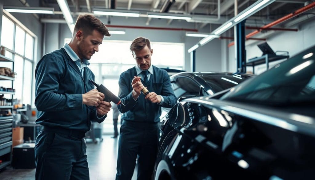 A modern automotive repair shop filled with skilled technicians wearing professional business attire, carefully assessing hail-damaged vehicles. In the foreground, two technicians use advanced tools and equipment, such as paintless dent repair tools and a suction cup lifter, demonstrating precision in their work. The middle ground displays a vehicle with visible hail damage, illuminated by bright, natural light coming from large windows. In the background, shelves filled with repair materials and high-tech diagnostic equipment create an atmosphere of professionalism and efficiency. The overall mood is focused and collaborative, highlighting expertise and the latest repair methods in action. The image captures the essence of a busy, high-tech repair environment, suitable for a professional article.