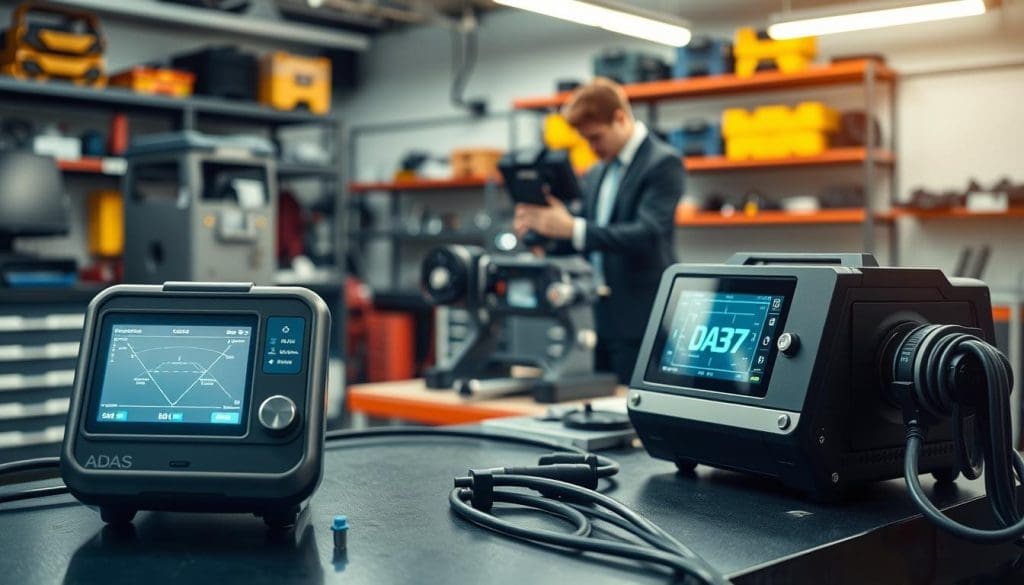 A modern automotive workshop featuring precision ADAS recalibration tools neatly arranged on a workbench. In the foreground, a high-tech ADAS calibration laser tool with a digital interface shines under bright LED lighting, showcasing intricate details and shiny metallic surfaces. In the middle ground, a technician dressed in professional business attire is attentively setting up a calibration camera, surrounded by other specialized tools like alignment rigs and diagnostic equipment. The background displays a variety of well-organized tools on shelves, framed by the soft glow of workshop lighting that highlights a clean, efficient workspace. The atmosphere conveys a sense of focused professionalism and technical expertise in the field of advanced automotive safety systems.