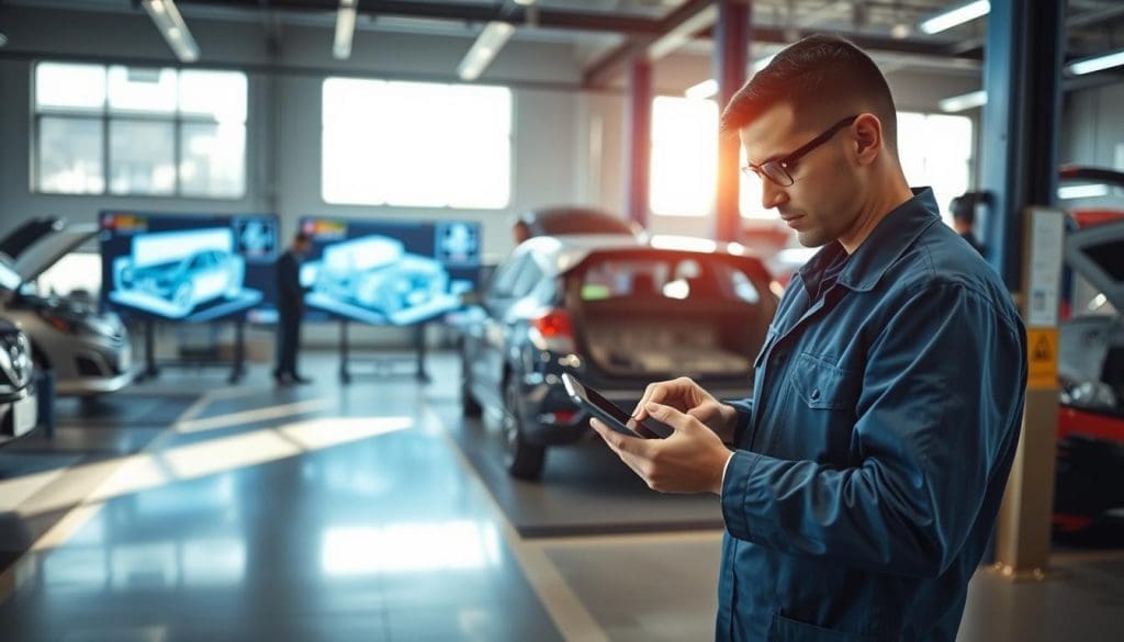A modern collision repair shop interior, featuring advanced digital communication technology. In the foreground, a professional technician in blue coveralls uses a tablet to analyze vehicle damage diagnostics. The middle section shows a modern workstation with a large screen displaying 3D vehicle models and repair instructions. In the background, vehicles in various stages of repair are illuminated by bright, natural lighting filtering in through large windows. The atmosphere is dynamic and efficient, emphasizing technology's integration in the repair process. The lens captures the scene from a slight angle to enhance depth, inviting viewers to explore this high-tech environment. Technician using digital communication tools in a modern collision repair shop, with advanced technology displays showcasing vehicle diagnostics and repair processes.