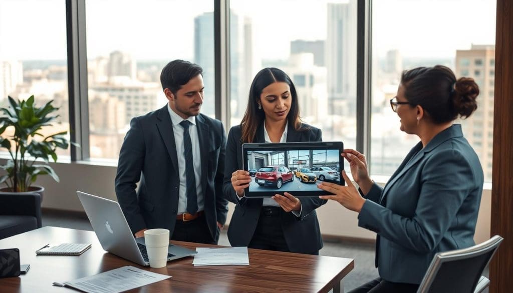 A modern office setting depicting the insurance claims process. In the foreground, a diverse group of three professionals, dressed in smart business attire, are engaged in discussion over a digital tablet displaying car damage photos. Their expressions are focused and collaborative. In the middle ground, a sleek desk with documents, a laptop, and a coffee cup suggests an active work environment. The background features large windows with soft natural light streaming in, showcasing an urban landscape of San Antonio. The atmosphere is one of professionalism and teamwork, with a warm color palette enhancing the inviting mood. The composition is shot from a slightly elevated angle to add depth and perspective. A modern office setting depicting the insurance claims process. In the foreground, a diverse group of three professionals, dressed in smart business attire, are engaged in discussion over a digital tablet displaying car damage photos. Their expressions are focused and collaborative. In the middle ground, a sleek desk with documents, a laptop, and a coffee cup suggests an active work environment. The background features large windows with soft natural light streaming in, showcasing an urban landscape of San Antonio. The atmosphere is one of professionalism and teamwork, with a warm color palette enhancing the inviting mood. The composition is shot from a slightly elevated angle to add depth and perspective.