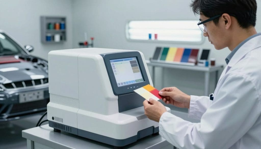 A modern spectrophotometer is positioned prominently in the foreground, its sleek design reflecting light as it analyzes a sample of car paint. A technician, dressed in a professional lab coat and safety glasses, carefully holds a paint swatch up to the device, showcasing vibrant colors typical of automotive finishes. In the middle ground, a range of car panels in various shades are organized neatly, illustrating the complexity of color matching. The background shows a well-lit auto body repair workshop with tools and paint cans, emphasizing a professional environment. Soft, diffused lighting enhances the precision of the spectrophotometer's display screen, casting a focused and serious atmosphere on the advanced techniques in paint matching. The image captures the essence of innovation in car paint analysis. A modern spectrophotometer is positioned prominently in the foreground, its sleek design reflecting light as it analyzes a sample of car paint. A technician, dressed in a professional lab coat and safety glasses, carefully holds a paint swatch up to the device, showcasing vibrant colors typical of automotive finishes. In the middle ground, a range of car panels in various shades are organized neatly, illustrating the complexity of color matching. The background shows a well-lit auto body repair workshop with tools and paint cans, emphasizing a professional environment. Soft, diffused lighting enhances the precision of the spectrophotometer's display screen, casting a focused and serious atmosphere on the advanced techniques in paint matching. The image captures the essence of innovation in car paint analysis.